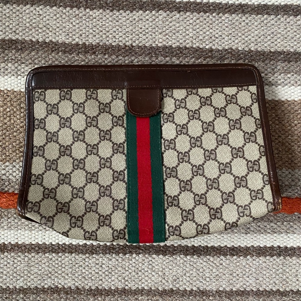 vintage “gucci” monogrammed pouch, clutch, dopp kit, makeup bag